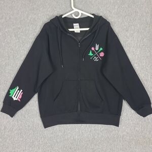 Wicked Movie Embroidered Full Zip Hoodie Sweatshirt Black Wmn's XL